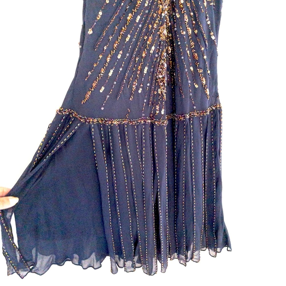 Vintage 90s Sue Wong Nocturnals Beaded Sequin Flapper Dress Navy Fringe Size 8 - Picture 6 of 13